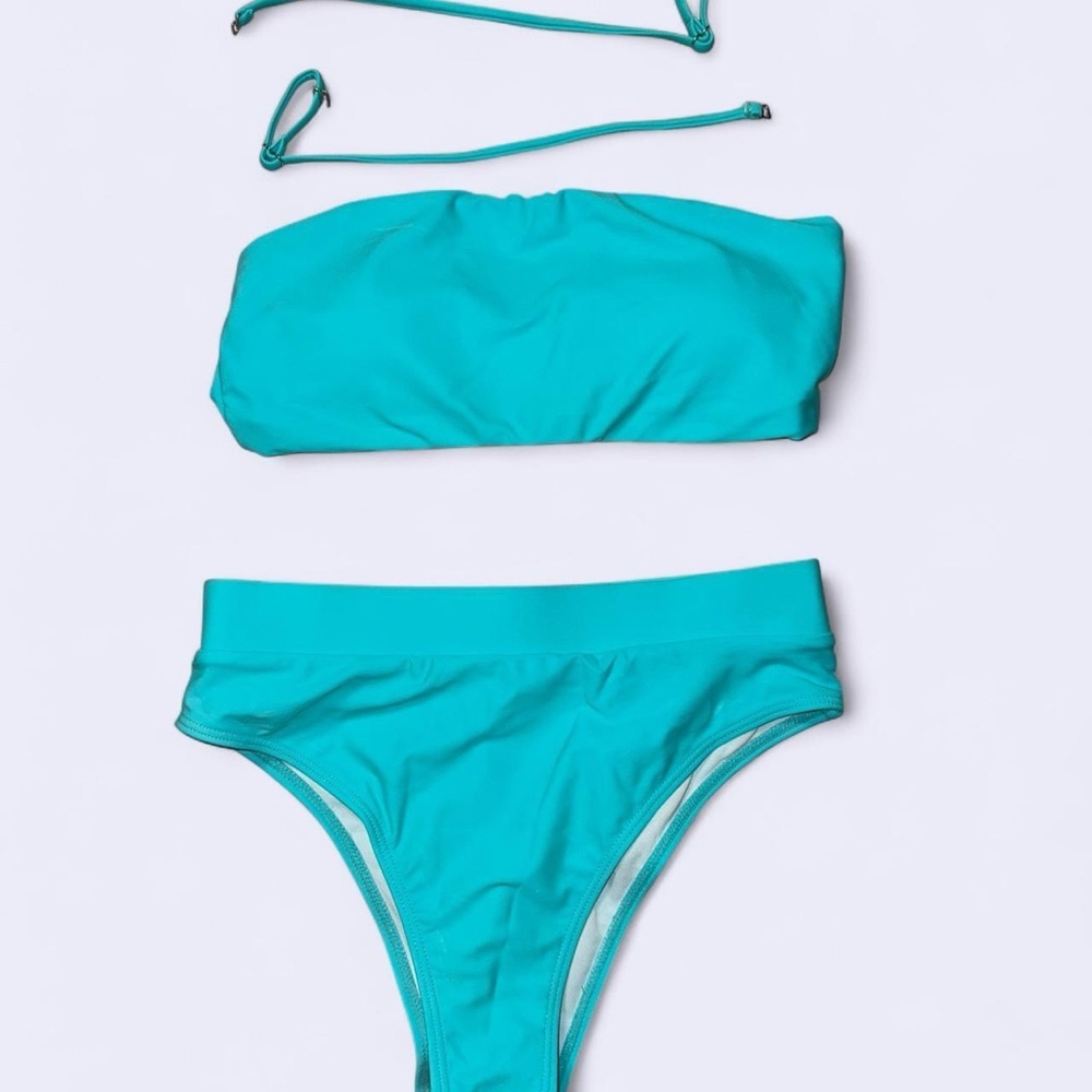 Turquoise Bandeau Bikini Set High Cut Bottoms Minimalist Swimwear Size S